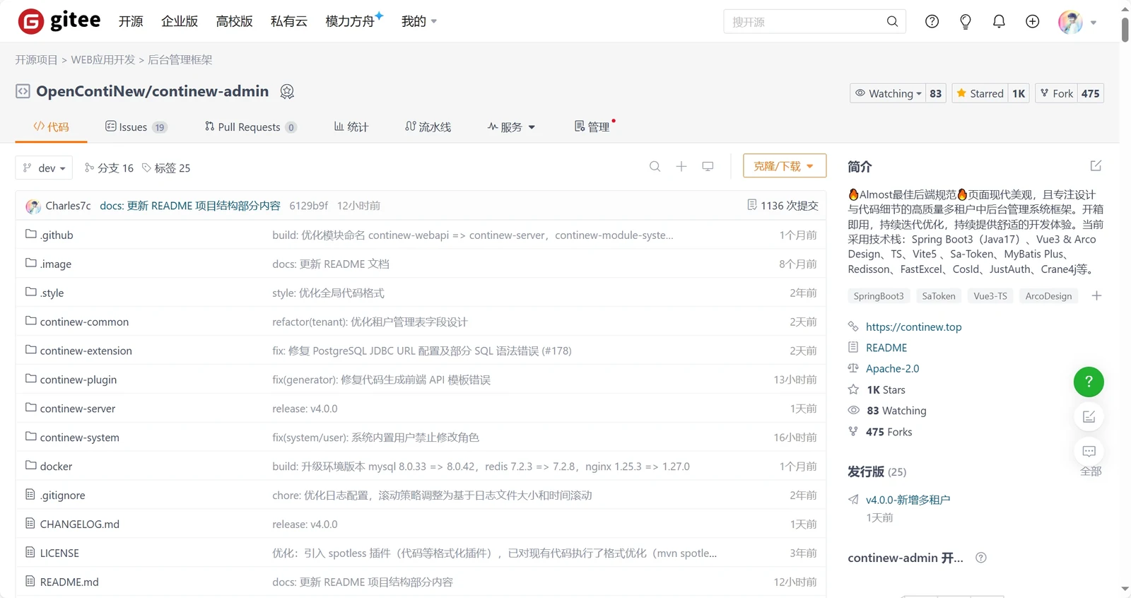 Gitee - ContiNew Admin 达成 1k Star